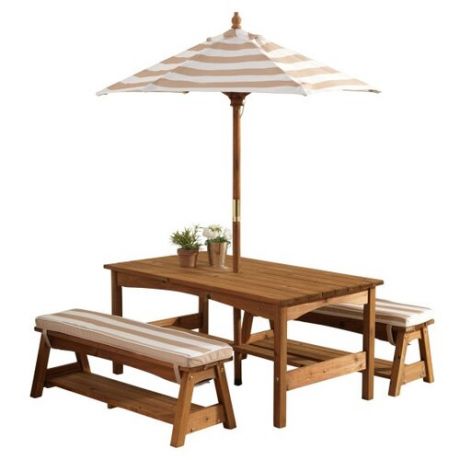 Комплект мебели KidKraft (стол, 2 скамейки, зонт), бело-коричневые полосы