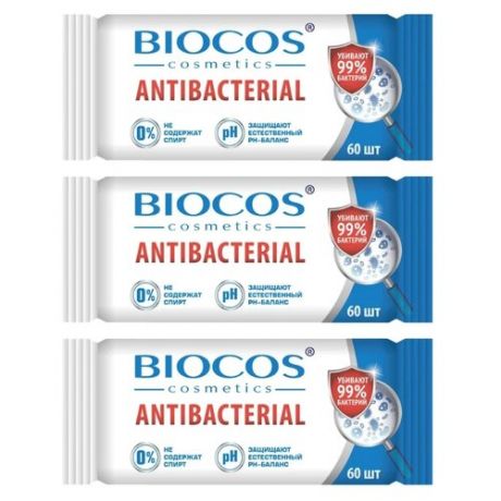 Влажные салфетки BioCos антибактериальные, 60 шт., 3 уп.