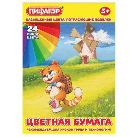 Цветная бумага Умный котик Пифагор, A4, 24 л., 24 цв.