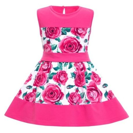 Платье Апрель Променад размер 128-64, розы на белом/ярко-розовый