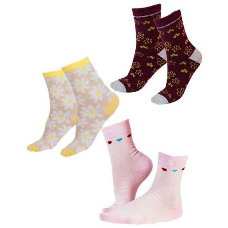 Носки IDILIO комплект 3 пары размер 16-18 см, бордо/розовый/желтый