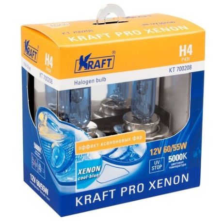 Лампа автомобильная галогенная KRAFT H4 12v 60/55w (P43t) Pro Xenon KT 700208 2 шт.