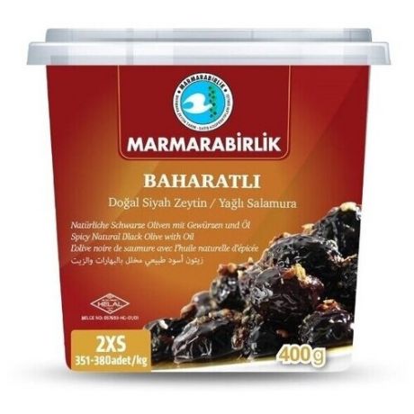Marmarabirlik Оливки черные натуральные с косточкой в масле и специях 2XS, пластиковая банка 400 г