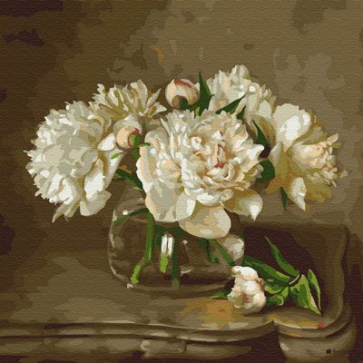 Картина по номерам Сильвертойз БУЗИН. БЕЛЫЕ ПИОНЫ НА СТОЛИКЕ (20 цветов) на подрамнике KH0723