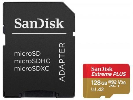 Карта памяти 128Gb - SanDisk Extreme Plus - Micro Secure Digital XC Rescue Pro Deluxe A2 C10 V30 UHS-I U3 SDSQXBZ-128G-GN6MA с переходником под SD