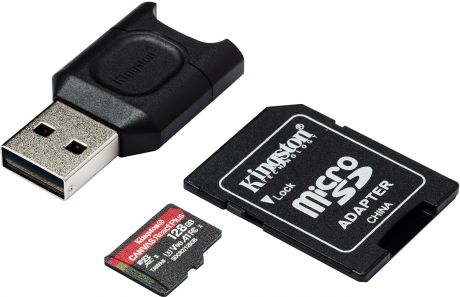 Карта памяти Kingston React Plus microSDXC UHS-II U3 V90 A1 128GB с адаптером и кардридером