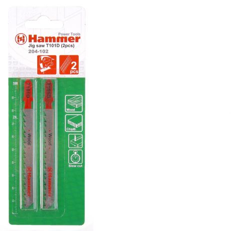 Пилка для лобзика Hammer Flex 204-102 JG WD T101D (2pcs) деревопластик, 74мм, шаг 4.0-5.2, HCS, 2шт