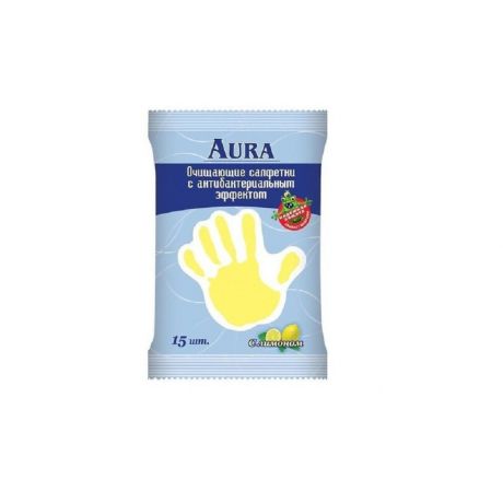 Салфетки влажные AURA антибактериальные,лимон, рука, 15шт