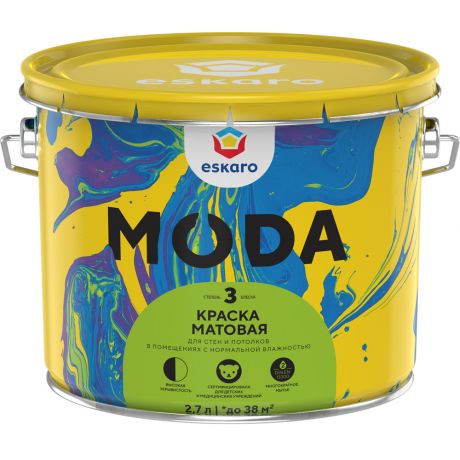 Краска в/д интерьерная влагостойкая Eskaro MODA 3, 2,7л , мат, моющаяся,белая база А