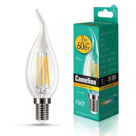 Лампа светодиодная Camelion филамент Свеча на ветру LED7-CW35-FL/830/E14