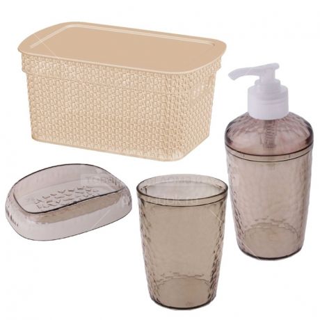 Набор для ванной Ajur BQ1220СЛК, 4 предмета (корзина, мыльница, стакан, диспенсер), слоновая кость