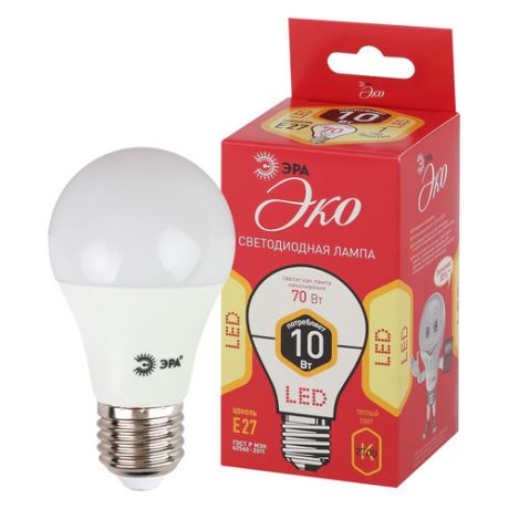 Упаковка ламп ЭРА ECO LED A60-10W-827-E27, 10Вт, 800lm, 25000ч, 2700К, E27, 5 шт. [б0028006]