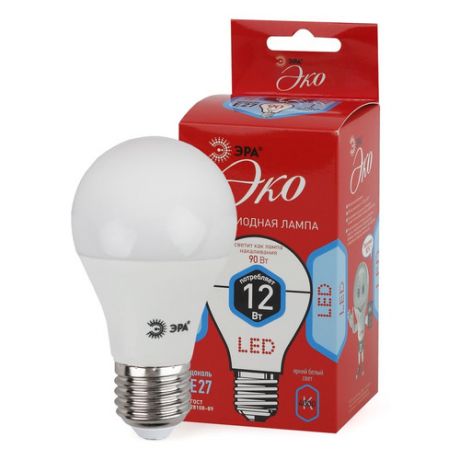 Упаковка ламп ЭРА ECO LED A60-12W-840-E27, 12Вт, 960lm, 25000ч, 4000К, E27, 5 шт. [б0030027]