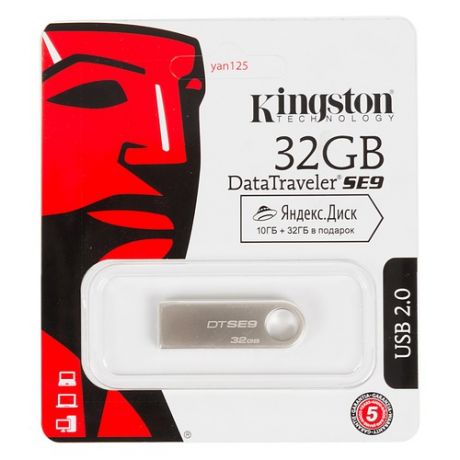 Флешка USB KINGSTON DataTraveler SE9 32ГБ, USB2.0, серебристый [dtse9h/32gb-yan]