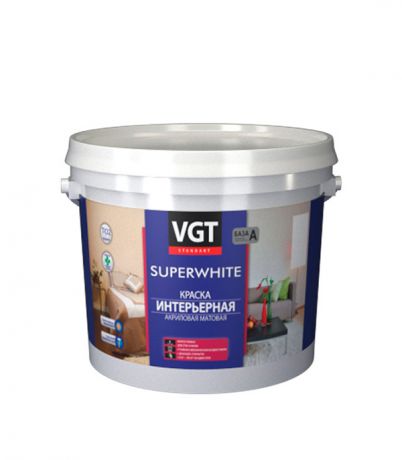 Краска водно-дисперсионная интерьерная VGT Super white белая основа А 5 л/7 кг