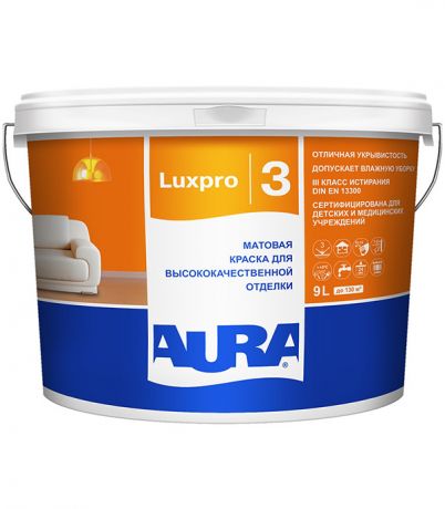 Краска водно-дисперсионная Aura LuxPro 3 влагостойкая белая основа А 9 л