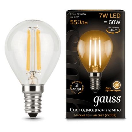 Лампа GAUSS 7Вт, 550lm, 35000ч, 2700К, E14, 1 шт. [105801107]