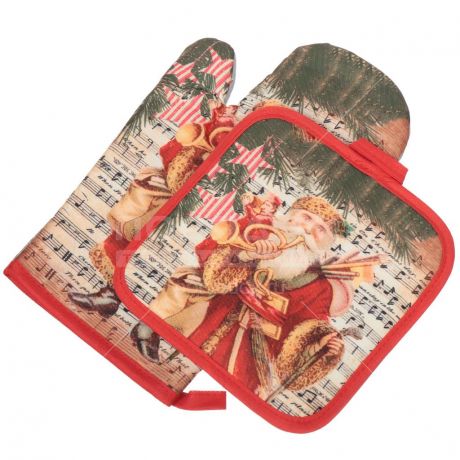Набор кухонного текстиля, 2 предмета, Музыкальный Санта-Клаус (варежка, прихватка), T2020-15