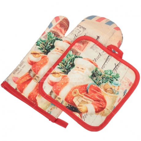 Набор кухонного текстиля, 2 предмета, Санта-Клаус с подарками (варежка, прихватка), T2020-23
