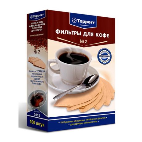 Фильтры для кофе TOPPERR №2, для кофеварок капельного типа, бумажные, 1x2, 100 шт, неотбеленные [3015]