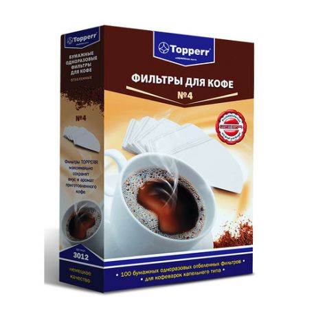 Фильтры для кофе TOPPERR №4, для кофеварок капельного типа, бумажные, 1х4, 100 шт, белый [3012]