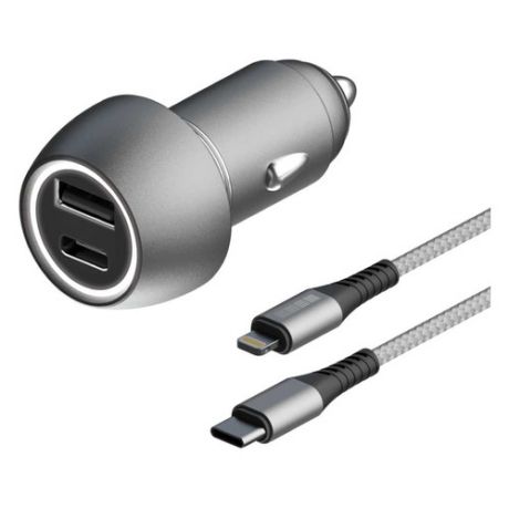 Автомобильное зарядное устройство INTERSTEP USB + USB type-C, 8-pin Lightning (Apple), 3A, серый