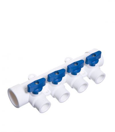 Коллектор полипропиленовый Tebo (УТ 000006559) 32 мм х 4 выхода 20 мм х 32 мм с шаровыми кранами синие ручки