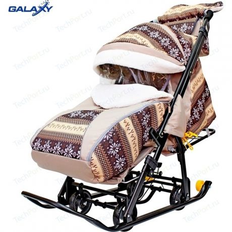 Санки коляска GALAXY SNOW LUXE Скандинавия коричневая на больших мягких колесах+сумка+муфта