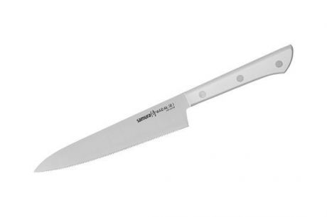 Нож кухонный универсальный Samura HARAKIRI 150 мм, сталь AUS-8 с серрейтором , рукоять ABS, белая рукоять