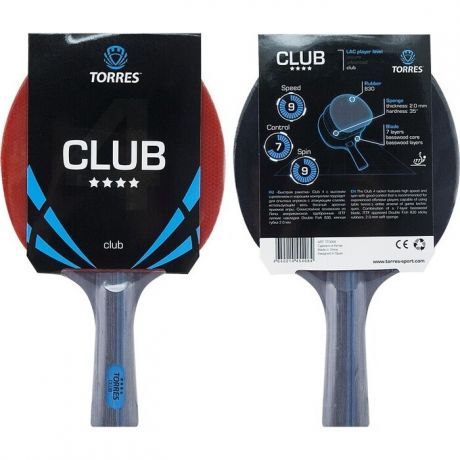 Ракетка для настольного тенниса Torres Club 4*, арт. TT0008, для тренировок, накладка 2,0 мм, конич. ручка