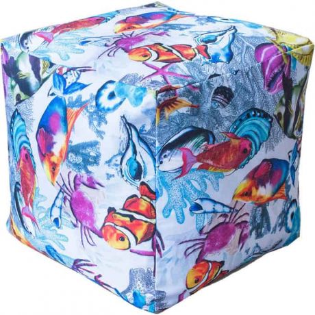 Пуфик бескаркасный Mypuff Кубик рыбки мебельный хлопок k-395