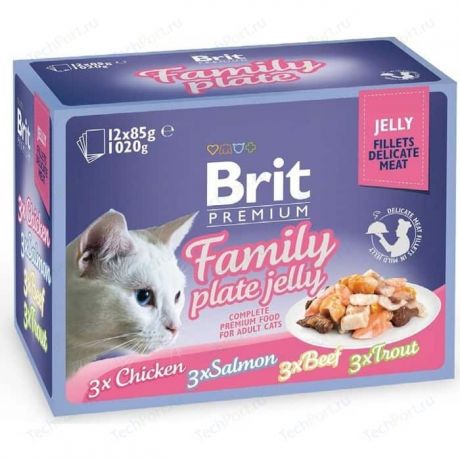 Паучи Brit Premium Family Plate Jelly Chicken,Salmon,Beef,Trout кусочки в желе курица, лосось, говядина, форель для кошек 12х85г (519408)
