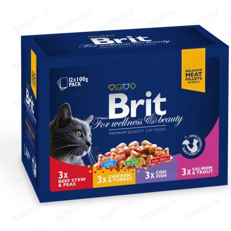 Паучи Brit Premium Cat Ассорти "Семейное" с говядиной, курицей, треской и лососем для кошек набор 12шт*100г (100313)