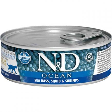 Консервы Farmina N&D Adult Cat Ocean Sea bass, Squid & Shrimp сибасомом, кальмаром и креветками для взрослых кошек 80г