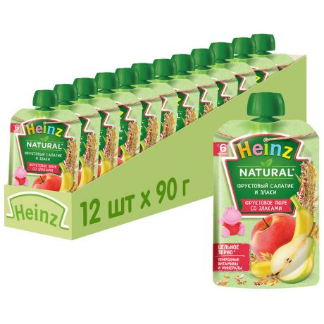 Пюре Heinz Natural фруктовый салатик и злаки без сахара с 6 месяцев 12 штук по 90 г