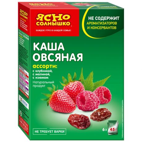 Каша овсяная Ясно солнышко ассорти №1 (с клубникой, малиной, изюмом) 6 пакетиков по 45 г