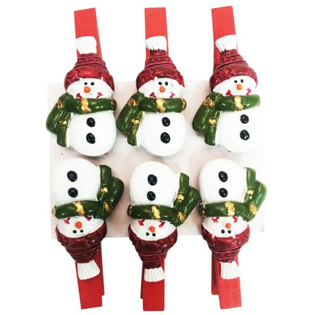 Новогоднее украшение Magic Time подвесное снеговики в шарфиках из полирезины с прищепкой 6 штук 10х7х2.3 см