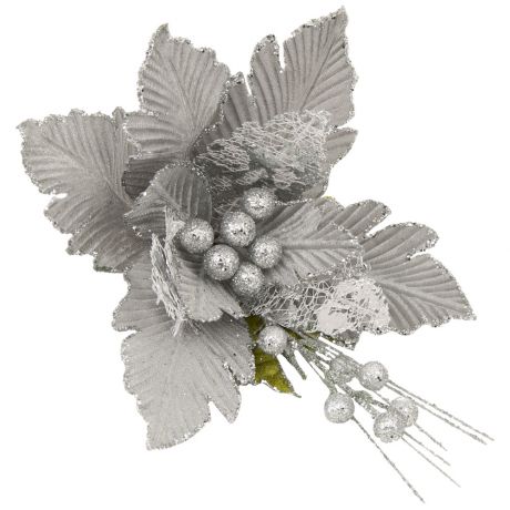Новогоднее ёлочное украшение Magic Time Серебро-орнамент цветок с листиками из полиэстера на клипсе 24x24x30 см
