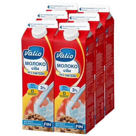 Молоко Valio Eila безлактозное 3% 6 штук по 1 л