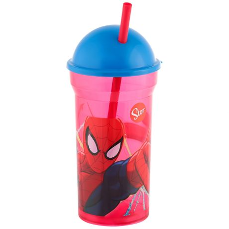 Стакан Stor S.L. пластиковый Человек-паук Красная пOutина с соломинкой и крышкой-полусферой прозрачный 460 мл