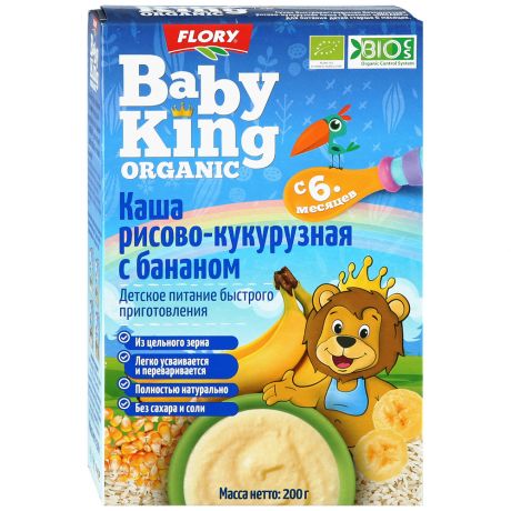 Каша рисово-кукурузная Baby King Flory Organic безмолочная быстрорастворимая с бананом с 6 месяцев 200 г