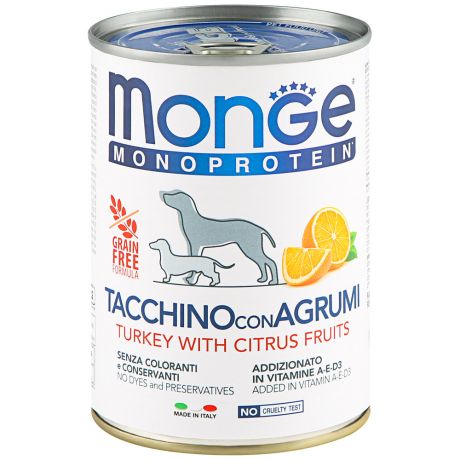 Корм влажный Monge Dog Monoprotein Fruits паштет из индейки с цитрусовыми для собак 400 г
