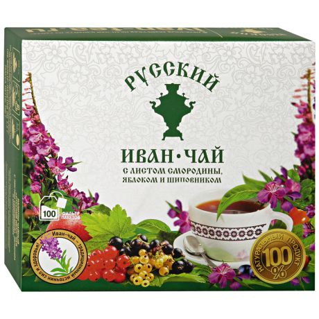 Чай Русский Иван-чай с листом смородины яблоком и шиповником 100 штук по 1.5 г