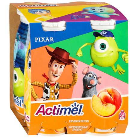 Продукт кисломолочный Actimel взрывной персик Pixar 2.5% 4 штуки по 100 г