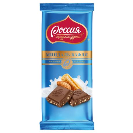Шоколад Россия щедрая душа Молочный с миндалем и вафлей 90г