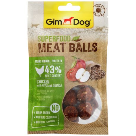 Лакомство Gimborn GimDog мясные шарики суперфуд для собак из курицы с яблоком и киноа 70 г