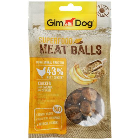 Лакомство Gimborn GimDog мясные шарики суперфуд для собак из курицы с бананом и кунжутом 70 г