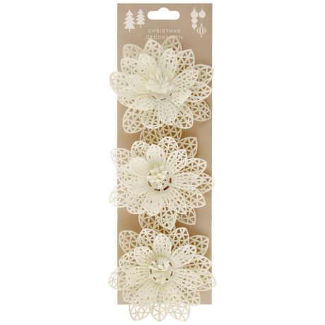 Украшение елочное Koopman Цветок кружевной на клипсе Белый 14 см 3 штуки