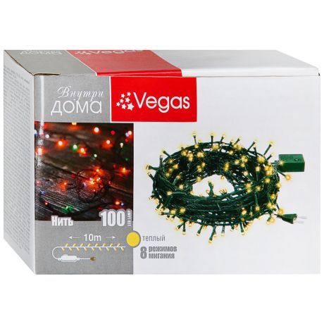 Электрогирлянда Vegas Нить 100 LED 8 режимов Теплый свет зеленый провод 10 м 55062