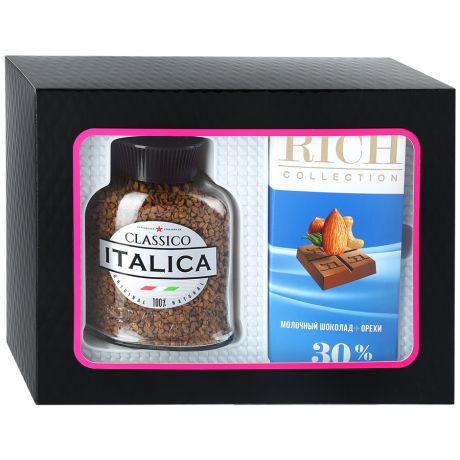 Подарочный набор Кофе Italica растворимый 100г и Молочный шоколад Rich с орехами 70г
